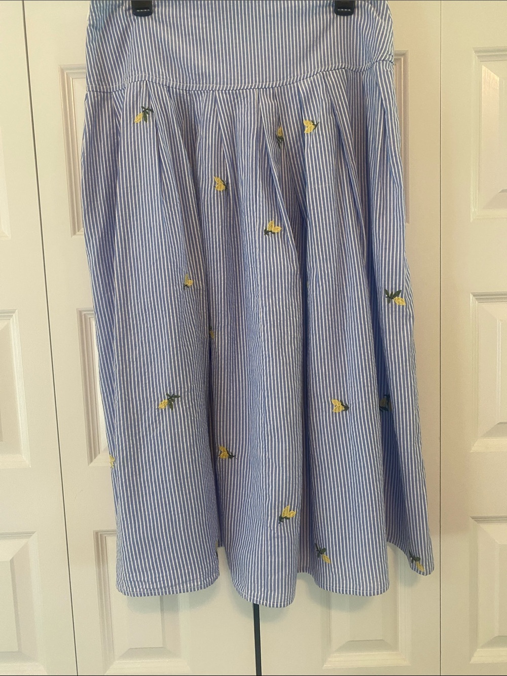 Blue & White Striped A-Line Midi Skirt with Yellow Floral Embroidery - Picture 3 of 6